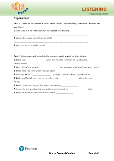 Bài tập Tiếng Anh Lớp 9 Global Success - Unit 5 - Phần: Listening (Có đáp án)