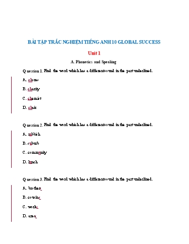 Bài tập trắc nghiệm Tiếng Anh Lớp 10 Global Success (Kèm đáp án)