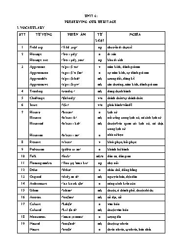Bài tập từ vựng và ngữ pháp Tiếng Anh Lớp 11 Global Success - Unit 6: Preserving our heritage (Có đáp án)
