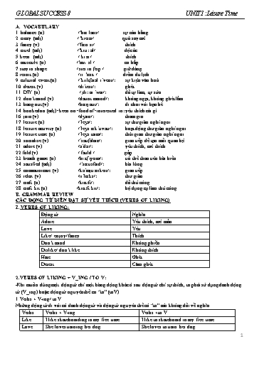 Bài tập từ vựng và ngữ pháp Tiếng Anh Lớp 8 Global Success - Unit 1: Leisure time