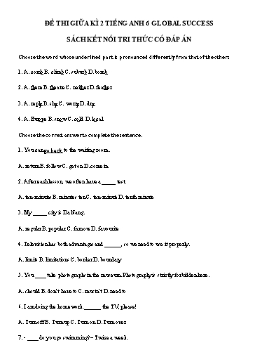 Bài thi giữa học kì 2 Tiếng Anh Lớp 6 Global Success (Có đáp án) Bài thi giữa học kì 2 Tiếng Anh Lớp 6 Global Success (Có đáp án)