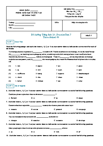 Bồi dưỡng Tiếng Anh Lớp 10 Global Success - Mã đề: 7 (Có đáp án) Bồi dưỡng Tiếng Anh Lớp 10 Global Success - Mã đề: 7 (Có đáp án)