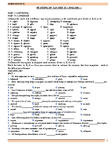 Đề cương ôn tập cuối học kì 1 Tiếng Anh Lớp 11 Global Success (Có đáp án)