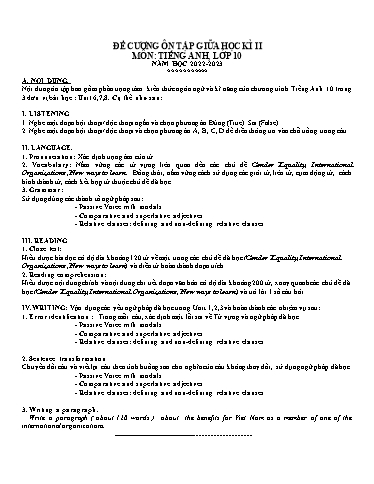 Đề cương ôn tập giữa học kì 2 Tiếng Anh Lớp 10 Global Success - Năm học 2022-2023 (Có đáp án) Đề cương ôn tập giữa học kì 2 Tiếng Anh Lớp 10 Global Success - Năm học 2022-2023 (Có đáp án)