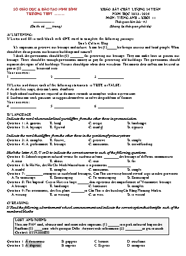 Đề khảo sát chất lượng giữa kì 2 Tiếng Anh Lớp 11 Global Success - Năm học 2023-2024 - Sở GD&ĐT Ninh Bình (Có file nghe và đáp án)