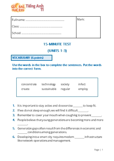 Đề kiểm tra 15 phút học kì 1 Tiếng Anh Lớp 11 Global Success - Unit 1-3 (Có đáp án)