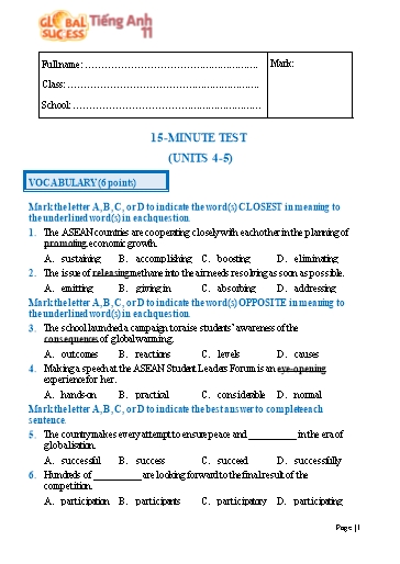 Đề kiểm tra 15 phút học kì 1 Tiếng Anh Lớp 11 Global Success - Unit 4-5 (Có đáp án)