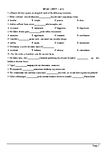 Đề kiểm tra 15 phút học kì 1 Tiếng Anh Lớp 7 Global Success - Đề số 1: Unit 1+2 (Có đáp án)