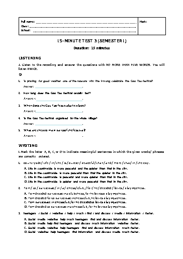 Đề kiểm tra 15 phút học kì 1 Tiếng Anh Lớp 8 Global Success - Đề 3 (Có đáp án)