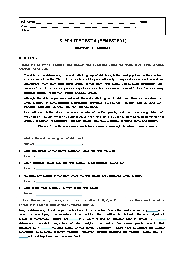 Đề kiểm tra 15 phút học kì 1 Tiếng Anh Lớp 8 Global Success - Đề 4 (Có đáp án)