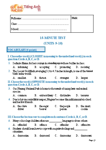 Đề kiểm tra 15 phút học kì 2 Tiếng Anh Lớp 11 Global Success - Unit 9-10 (Có đáp án)