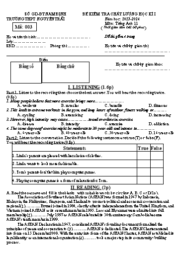 Đề kiểm tra chất lượng học kì 1 Tiếng Anh Lớp 11 Global Success - Mã đề: 003 - Năm học 2023-2024 - Trường THPT Nguyễn Trãi (Có file nghe và đáp án)