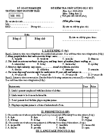 Đề kiểm tra chất lượng học kì 1 Tiếng Anh Lớp 11 Global Success - Mã đề: 001 - Năm học 2023-2024 - Trường THPT Nguyễn Trãi (Có file nghe và đáp án)