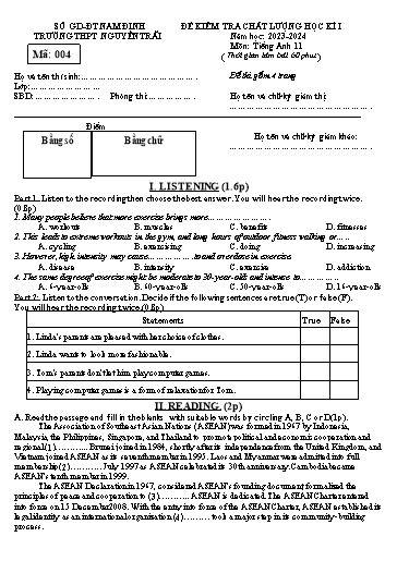 Đề kiểm tra chất lượng học kì 1 Tiếng Anh Lớp 11 Global Success - Mã đề: 004 - Năm học 2023-2024 - Trường THPT Nguyễn Trãi (Có file nghe và đáp án)
