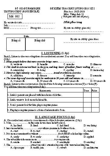 Đề kiểm tra chất lượng học kì 1 Tiếng Anh Lớp 11 Global Success - Mã đề: 002 - Năm học 2023-2024 - Trường THPT Nguyễn Trãi (Có file nghe và đáp án)