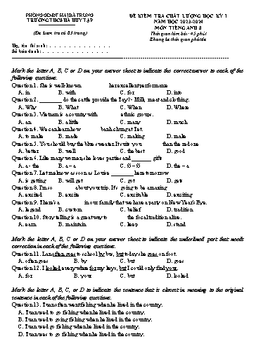 Đề kiểm tra chất lượng học kì 1 Tiếng Anh Lớp 8 Global Success - Năm học 2023-2024 - Trường THCS Hà Huy Tập