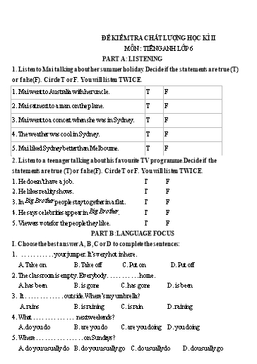 Đề kiểm tra chất lượng học kì 2 Tiếng Anh Lớp 6 Global Success - Đề 15 (Có đáp án) Đề kiểm tra chất lượng học kì 2 Tiếng Anh Lớp 6 Global Success - Đề 15 (Có đáp án)