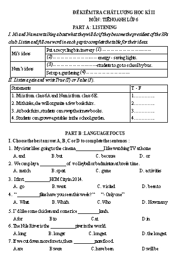 Đề kiểm tra chất lượng học kì 2 Tiếng Anh Lớp 6 Global Success - Đề 18 (Có đáp án) Đề kiểm tra chất lượng học kì 2 Tiếng Anh Lớp 6 Global Success - Đề 18 (Có đáp án)