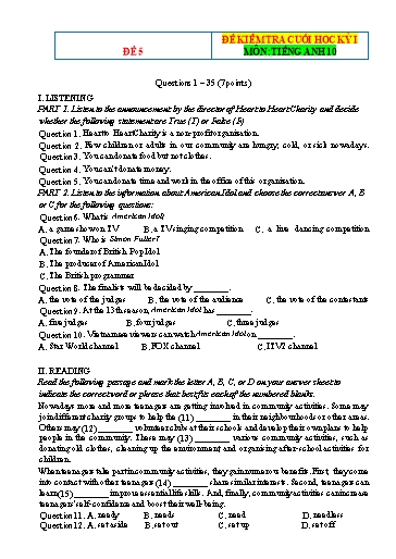 Đề kiểm tra cuối học kì 1 Tiếng Anh Lớp 10 Global Success - Đề 5 (Có file nghe và đáp án)