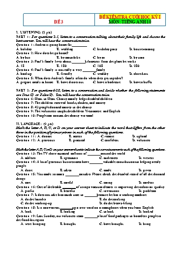 Đề kiểm tra cuối học kì 1 Tiếng Anh Lớp 10 Global Success - Đề 3 (Có file nghe và đáp án)