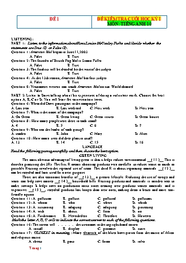 Đề kiểm tra cuối học kì 1 Tiếng Anh Lớp 10 Global Success - Đề 1 (Có đáp án)