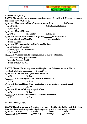 Đề kiểm tra cuối học kì 1 Tiếng Anh Lớp 10 Global Success - Đề 8 (Có file nghe và đáp án)