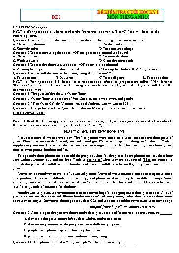 Đề kiểm tra cuối học kì 1 Tiếng Anh Lớp 10 Global Success - Đề 2 (Có file nghe và đáp án)