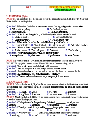 Đề kiểm tra cuối học kì 1 Tiếng Anh Lớp 10 Global Success - Đề 7 (Có file nghe và đáp án)