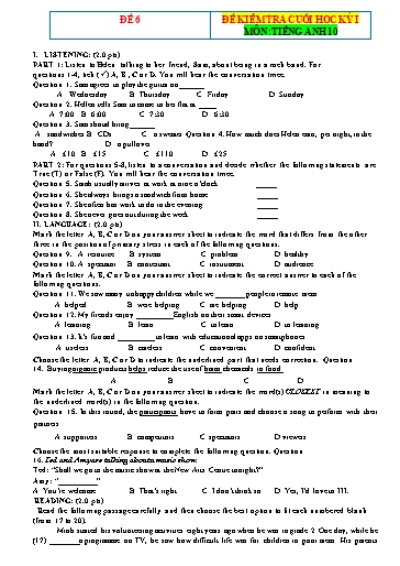 Đề kiểm tra cuối học kì 1 Tiếng Anh Lớp 10 Global Success - Đề 6 (Có file nghe và đáp án)