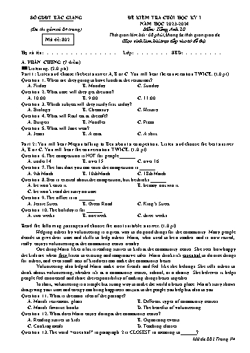 Đề kiểm tra cuối học kì 1 Tiếng Anh Lớp 10 Global Success - Mã đề: 802 - Năm học 2023-2024 - Sở GD&ĐT Bắc Giang (Có file nghe và đáp án)