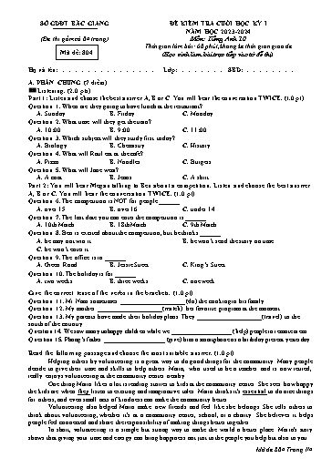 Đề kiểm tra cuối học kì 1 Tiếng Anh Lớp 10 Global Success - Mã đề: 804 - Năm học 2023-2024 - Sở GD&ĐT Bắc Giang (Có file nghe và đáp án)