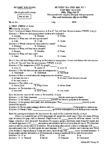 Đề kiểm tra cuối học kì 1 Tiếng Anh Lớp 10 Global Success - Mã đề: 801 - Năm học 2023-2024 - Sở GD&ĐT Bắc Giang (Có file nghe và đáp án)