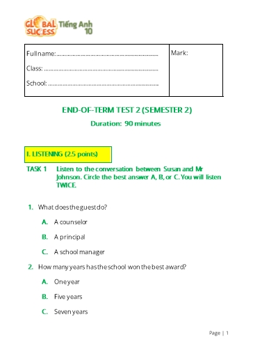 Đề kiểm tra cuối học kì 1 Tiếng Anh Lớp 10 Global Success - Test 2 (Có file nghe và đáp án)