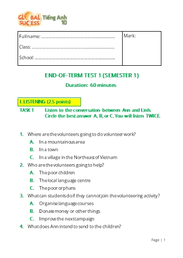 Đề kiểm tra cuối học kì 1 Tiếng Anh Lớp 10 Global Success - Test 1 (Có file nghe và đáp án)
