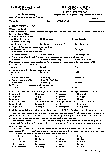 Đề kiểm tra cuối học kì 1 Tiếng Anh Lớp 11 Global Success - Mã đề: 811 - Năm học 2023-2024 - Sở GD&ĐT Bắc Giang (Có file nghe)