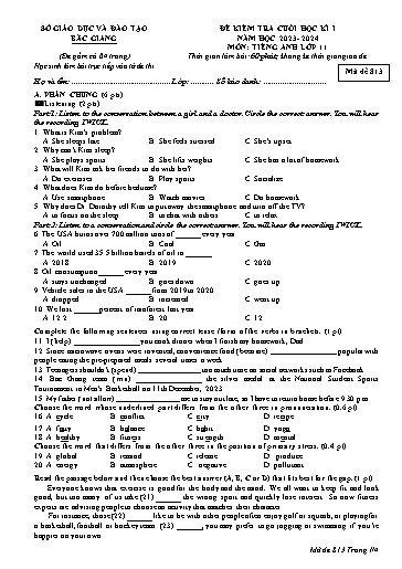 Đề kiểm tra cuối học kì 1 Tiếng Anh Lớp 11 Global Success - Mã đề: 813 - Năm học 2023-2024 - Sở GD&ĐT Bắc Giang (Có file nghe)