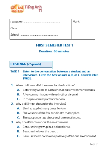 Đề kiểm tra cuối học kì 1 Tiếng Anh Lớp 11 Global Success - Test 1 (Có file nghe và đáp án)