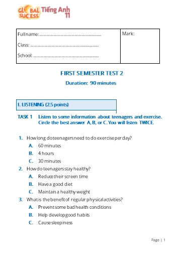 Đề kiểm tra cuối học kì 1 Tiếng Anh Lớp 11 Global Success - Test 2 (Có file nghe và đáp án)