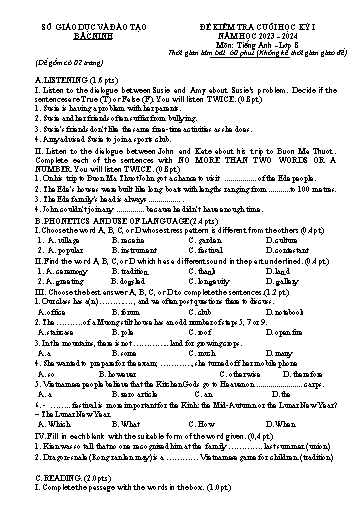Đề kiểm tra cuối học kì 1 Tiếng Anh Lớp 8 Global Success - Năm học 2023-2024 - Sở GD&ĐT Bắc Ninh (Có hướng dẫn chấm)