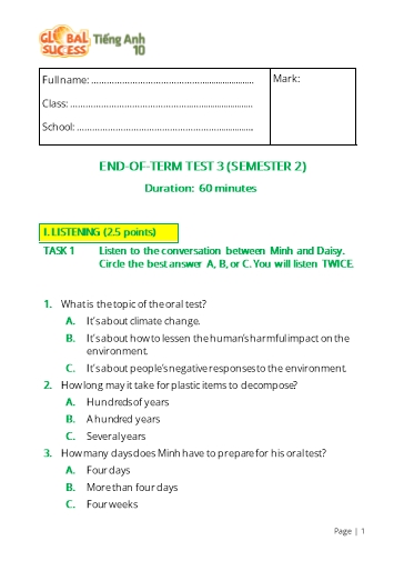 Đề kiểm tra cuối học kì 2 Tiếng Anh Lớp 10 Global Success - Test 3 (Có file nghe và đáp án)