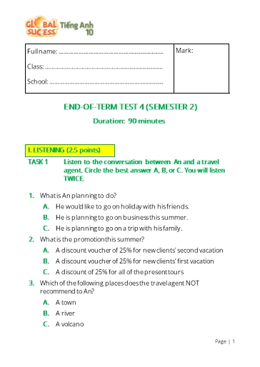 Đề kiểm tra cuối học kì 2 Tiếng Anh Lớp 10 Global Success - Test 4 (Có file nghe và đáp án)