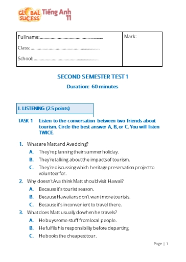 Đề kiểm tra cuối học kì 2 Tiếng Anh Lớp 11 Global Success - Test 1 (Có file nghe và đáp án)