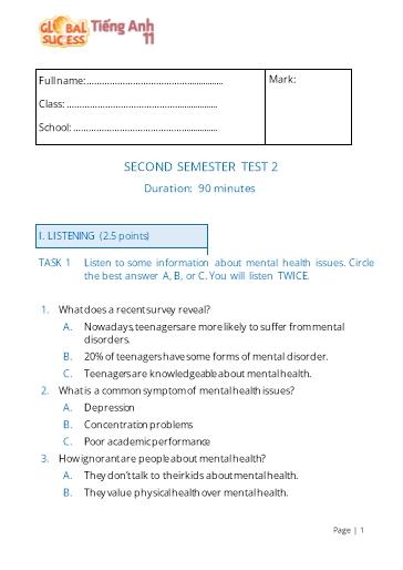 Đề kiểm tra cuối học kì 2 Tiếng Anh Lớp 11 Global Success - Test 2 (Có file nghe và đáp án)