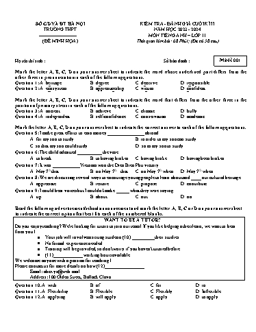Đề kiểm tra, đánh giá cuối kì 2 Tiếng Anh Lớp 11 Global Success - Mã đề: 001 - Năm học 2023-2024 - Sở GD&ĐT Hà Nội (Có đáp án)