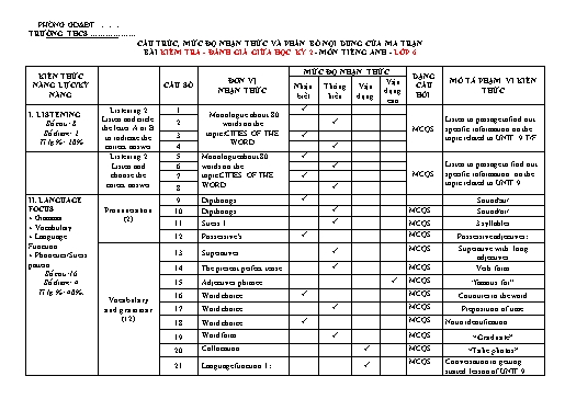 Đề kiểm tra, đánh giá giữa học kì 2 Tiếng Anh Lớp 6 Global Success - Đề 01 (Có ma trận, file nghe và đáp án) Đề kiểm tra, đánh giá giữa học kì 2 Tiếng Anh Lớp 6 Global Success - Đề 01 (Có ma trận, file nghe và đáp án)