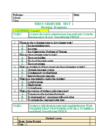 Đề kiểm tra đầu năm Tiếng Anh Lớp 10 Global Success - Test 1 (Có đáp án)