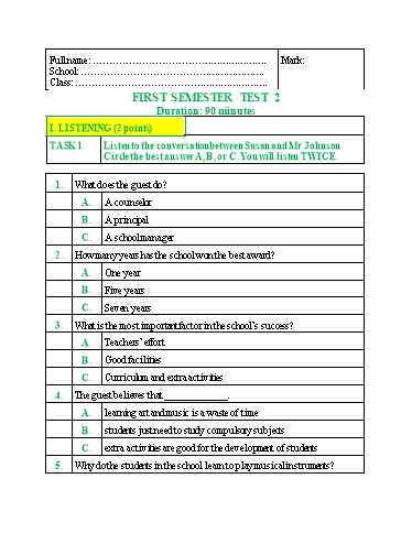 Đề kiểm tra đầu năm Tiếng Anh Lớp 10 Global Success - Test 2 (Có đáp án)