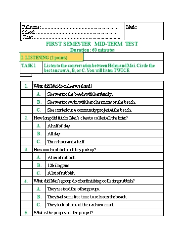 Đề kiểm tra giữa học kì 1 Tiếng Anh Lớp 10 Global Success (Có đáp án)