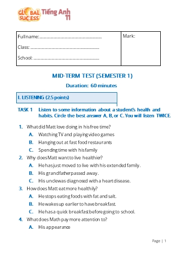 Đề kiểm tra giữa học kì 1 Tiếng Anh Lớp 11 Global Success (Có file nghe và đáp án)