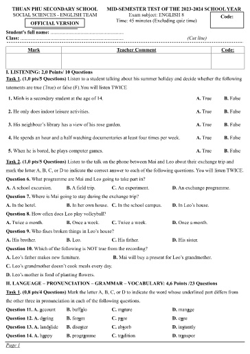 Đề kiểm tra giữa học kì 1 Tiếng Anh Lớp 8 Global Success - Năm học 2023-2024 - Trường THCS Thuận Phú